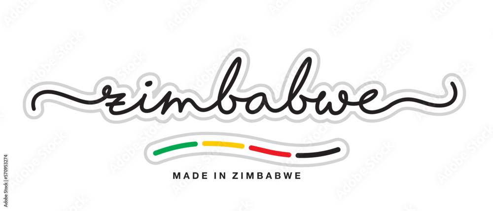 Made in Zimbabwe, new modern handwritten typography calligraphic logo sticker, abstract Zimbabwe flag ribbon banner