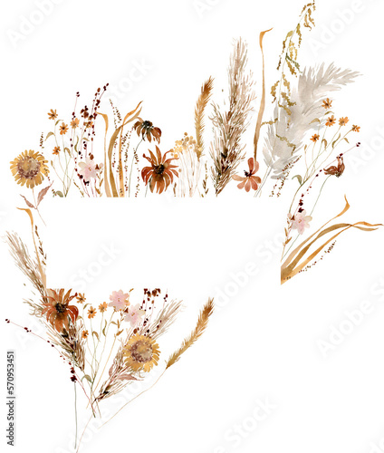 Watercolor beige wildflowers boho frame. Dried herbs  grass floral border  elegant arrangement. Botanical boho elements isolated on white. Wedding invitation  greeting  card  printing  design