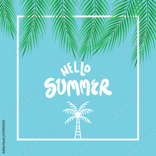 Palm Sunday holiday card, Summer sale, hello summer poster with realistick palm leaves border, frame. Vector background.