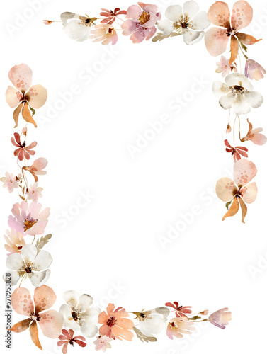 Watercolor beige wildflowers boho frame. Dried herbs, grass floral border, elegant arrangement. Botanical boho elements isolated on white. Wedding invitation, greeting, card, printing, design