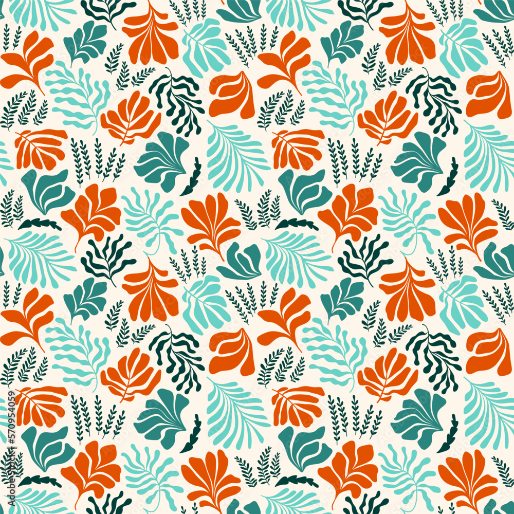 Abstract background with leaves and flowers, Matisse style. Vector seamless pattern with Scandinavian cut out elements. Abstract background with leaves and flowers, Matisse style. Vector seamless pattern with Scandinavian cut out elements.