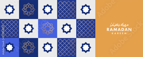 Ramadan Kareem banner, poster, holiday cover. Islamic greeting card template. Arabic text translation Ramadan Kareem. Modern beautiful design with geometric style pattern in blue and gold colors