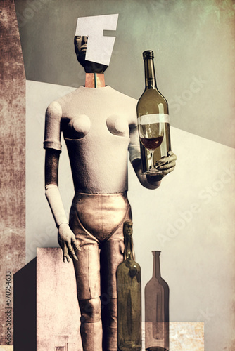 Collage art with a sculpture drinkin wine.. Wine is an artwork. Muped color. photo