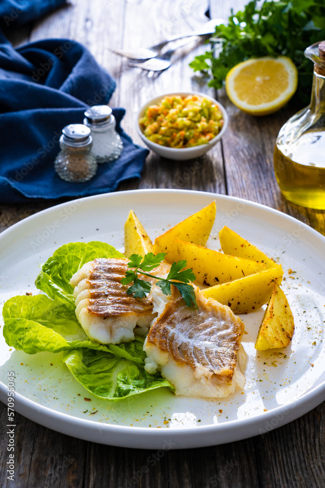 Fish dish - fried cod with baked potatoes and fresh vegetables on wooden table
