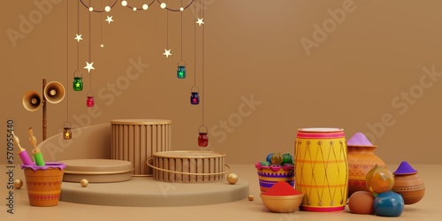 Holi 3d render product display, podium banner with holi element in brown color