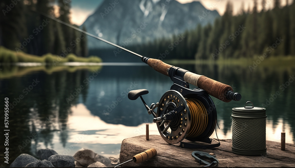 fishing rod on the background of the lake, fishing tackle. Generative AI  Illustration Stock