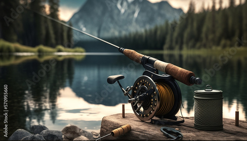Photographie fishing rod on the background of the lake, fishing tackle