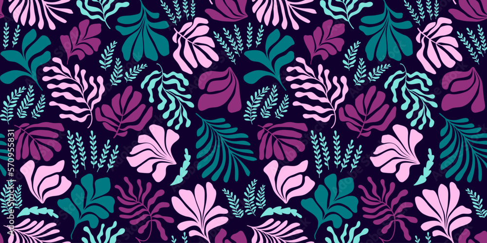 Abstract background with leaves and flowers, Matisse style. Vector seamless pattern with Scandinavian cut out elements.