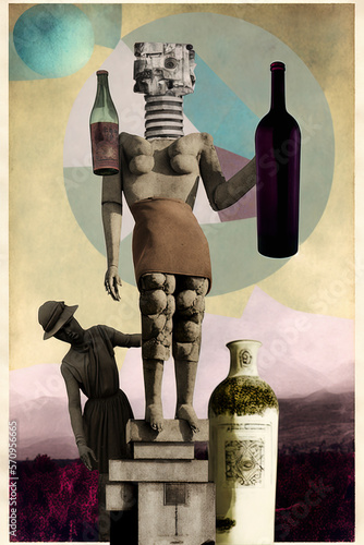 Collage art with a sculpture drinkin wine.. Wine is an artwork. Muped color. photo