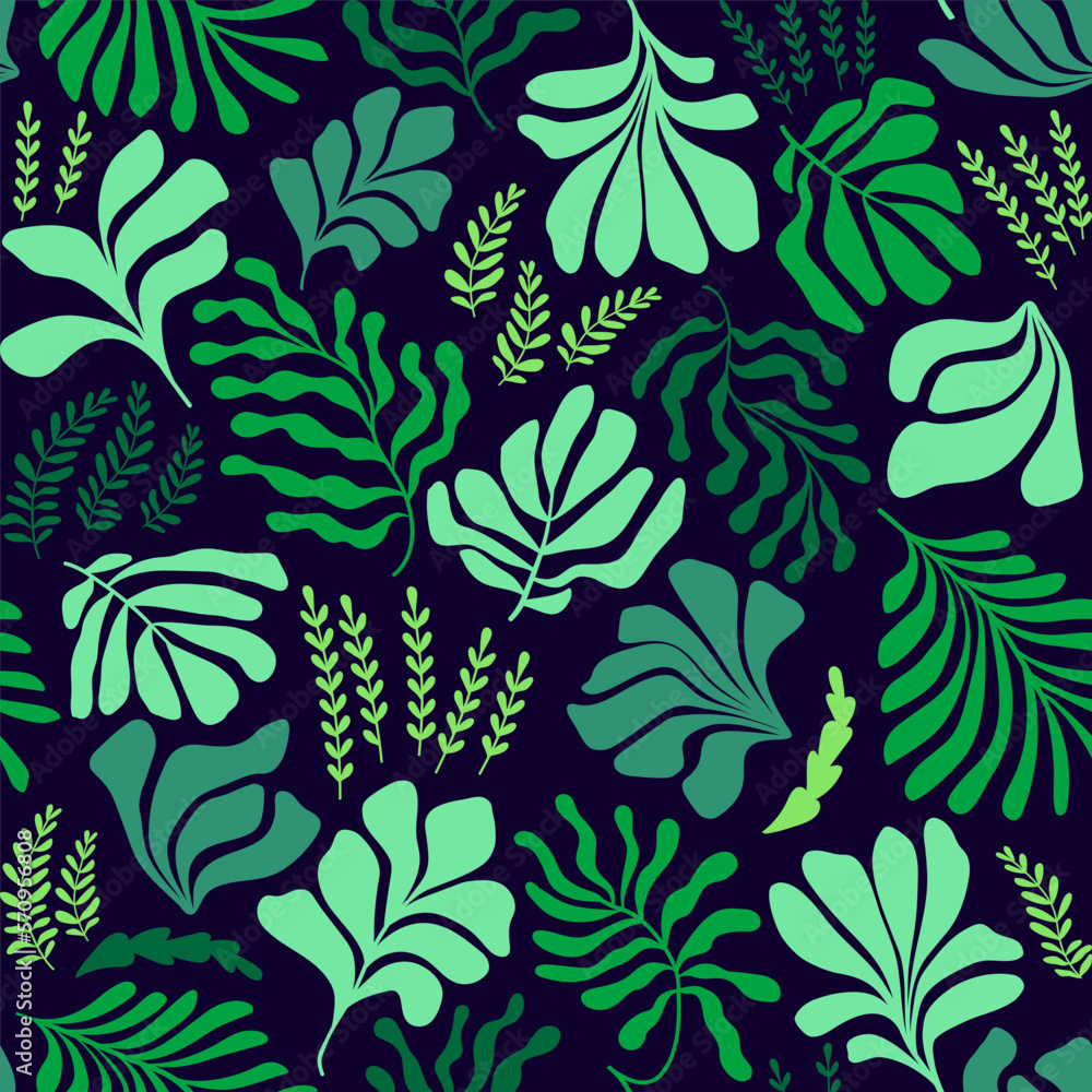 Abstract background with leaves and flowers, Matisse style. Vector seamless pattern with Scandinavian cut out elements. Abstract background with leaves and flowers, Matisse style. Vector seamless pattern with Scandinavian cut out elements.