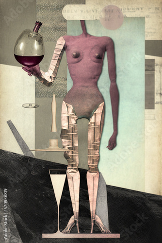 Collage art with a sculpture drinkin wine.. Wine is an artwork. Muped color. photo