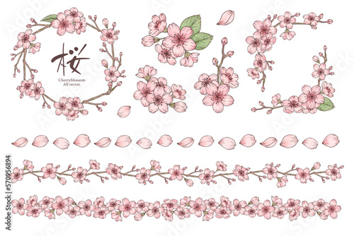 桜の水彩風フレーム・ラインイラストセット　主線あり、ベクター