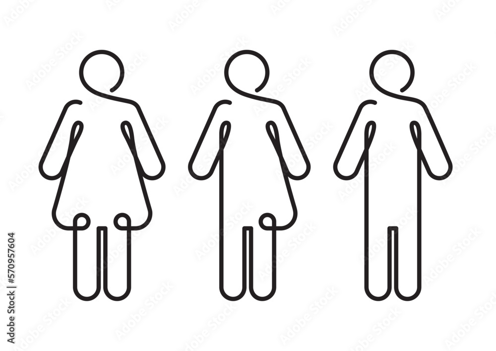 Linear toilet icon set. Male, female, transgender signs. WC sign. Restroom or bathroom sign for all genders. Men, women, people symbols. Editable stroke. He, She, They symbols. Linear toilet icon set. Male, female, transgender signs. WC sign. Restroom or bathroom sign for all genders. Men, women, people symbols. Editable stroke. He, She, They symbols.