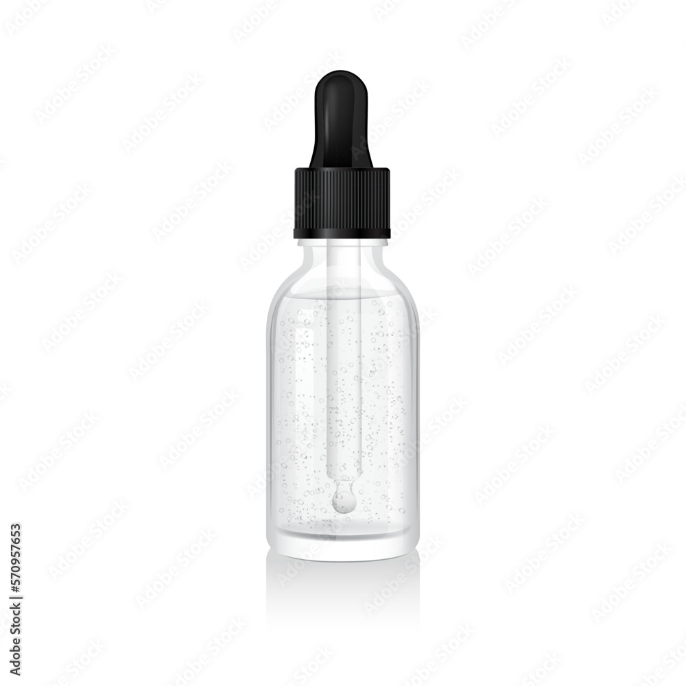 Transparent glass dropper bottle with liquid inside isolated on white background. Black pipette. Clear glass package. Serum dispenser. 3d vector mockup template. Dropper for skincare cosmetic Transparent glass dropper bottle with liquid inside isolated on white background. Black pipette. Clear glass package. Serum dispenser. 3d vector mockup template. Dropper for skincare cosmetic