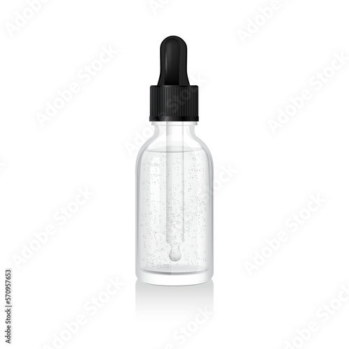 Transparent glass dropper bottle with liquid inside isolated on white background. Black pipette. Clear glass package. Serum dispenser. 3d vector mockup template. Dropper for skincare cosmetic