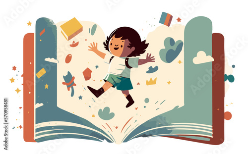 A child full of enthusiasm emerges from a huge adventure book, bringing out amazing stories. Exploring the incredible world of imagination, discovering new and exciting possibilities.