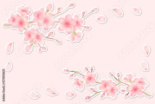 枝に咲いている桜の水彩風パーツイラストセット　白縁シール風　主線なし、ベクター