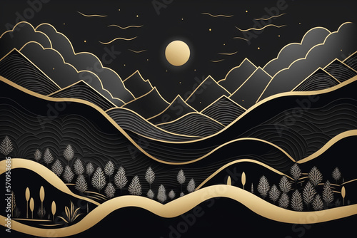 landscape wallpaper design with mountain line arts, luxury background design for cover, invitation background, packaging design, fabric, and print. Vector illustration, minimalistic, line art