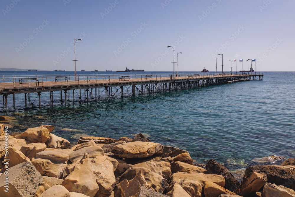 Tourists pier in Molos sea front park of Limassol city in Cyprus island country