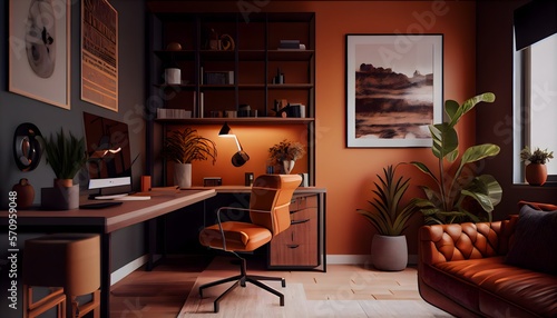 Small office interior, tawny orange colors, generative ai, with a table and chairs in the middle of the room with a plant in the corner of the room.