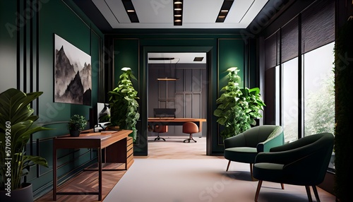 Small office interior, warm green colors, generative ai, with a table and chairs in the middle of the room with a plant in the corner of the room. © DurffeeMill