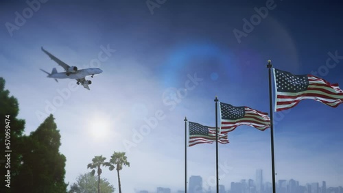 Airplane landing in Miami, USA. A generic passenger plane lowering its landing gears and approaching an airport in United States. American flag waving in front of city skyline.
