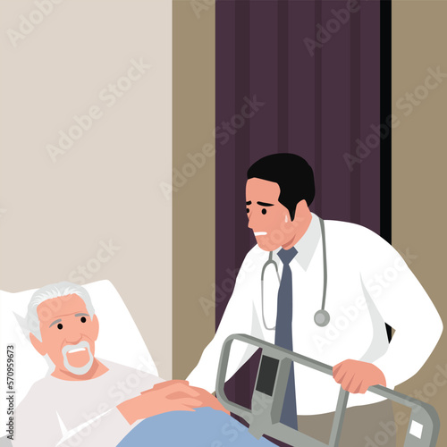 Stationary treatment. Elderly patient lies on medical bed under drip in hospital ward during visit to doctor. Panic after surgery