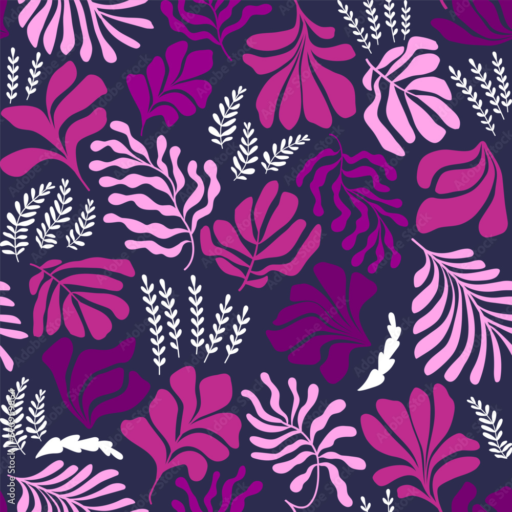 Fototapeta premium Abstract background with leaves and flowers, Matisse style. Vector seamless pattern with Scandinavian cut out elements.