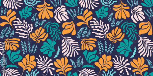 Abstract background with leaves and flowers, Matisse style. Vector seamless pattern with Scandinavian cut out elements.