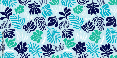 Abstract background with leaves and flowers, Matisse style. Vector seamless pattern with Scandinavian cut out elements.