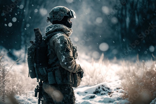 Special Forces Soldier Standing in Snowy Terrain with Gear, generative ai