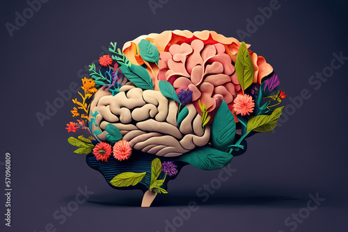 Human brain with flowers, self care and mental health, created with Generative AI