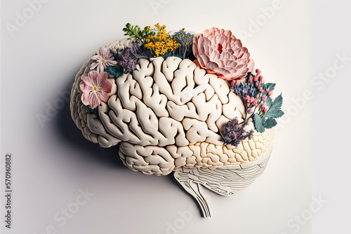 Human brain with flowers, self care and mental health, created with Generative AI photo