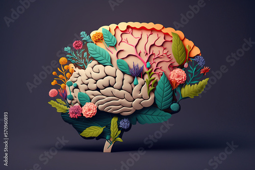 Human brain with flowers, self care and mental health, created with Generative AI photo