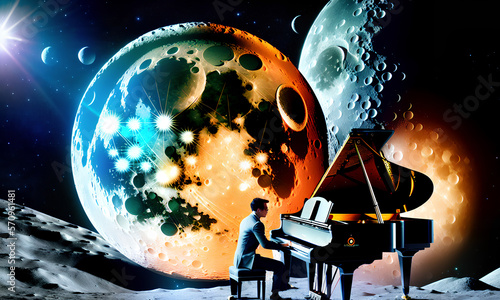 The Pianist on the Moon. Piano in space. Brilliant pianist with beautiful music. Fryderyk Chopin playing the piano. Generative AI photo