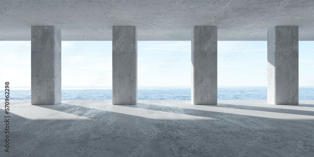 Abstract large, empty, modern concrete room with row of pillars, rough floor and view to the outside with ocean and sky background Abstract large, empty, modern concrete room with row of pillars, rough floor and view to the outside with ocean and sky background