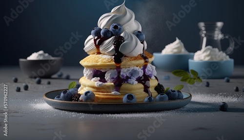 Tableau sur toile a stack of pancakes with whipped cream and blueberries on top of them on a plate with blueberries and whipped cream on top of them