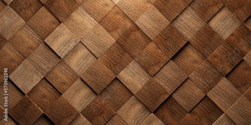 Close up of diagonal lined up wooden cubes or blocks randomly shifted surface background texture, empty floor or wall hardwood wallpaper