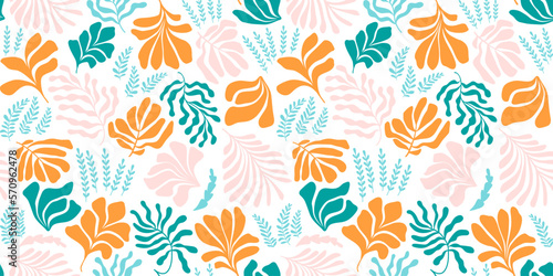 Abstract background with leaves and flowers, Matisse style. Vector seamless pattern with Scandinavian cut out elements.