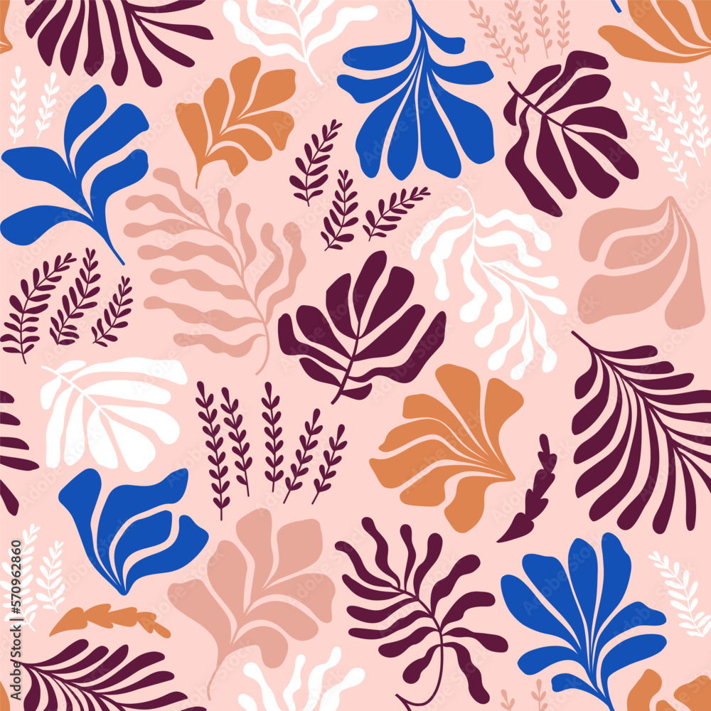 Abstract background with leaves and flowers, Matisse style. Vector seamless pattern with Scandinavian cut out elements. Abstract background with leaves and flowers, Matisse style. Vector seamless pattern with Scandinavian cut out elements.