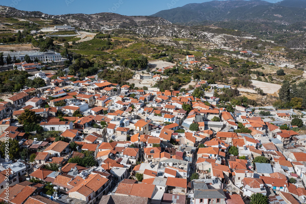 Aerial view of Omodos town in Troodos Mountains in Cyprus island country