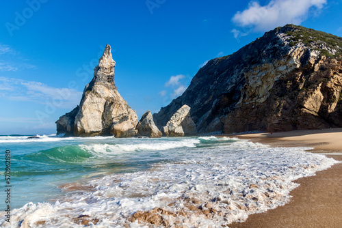 Rock cliffs from Praia da Ursa beach on coast of Portugal