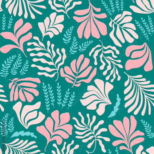 Abstract background with leaves and flowers, Matisse style. Vector seamless pattern with Scandinavian cut out elements.