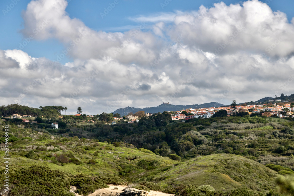 Portugal town in the hills with Sintra castles in the distance