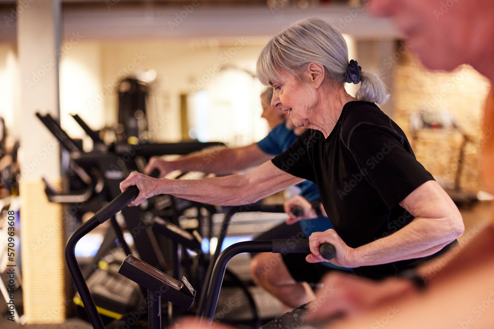 Senior woman doing a stationary bike class in a gym. Group of people in gym. Seniors exercising Senior woman doing a stationary bike class in a gym. Group of people in gym. Seniors exercising