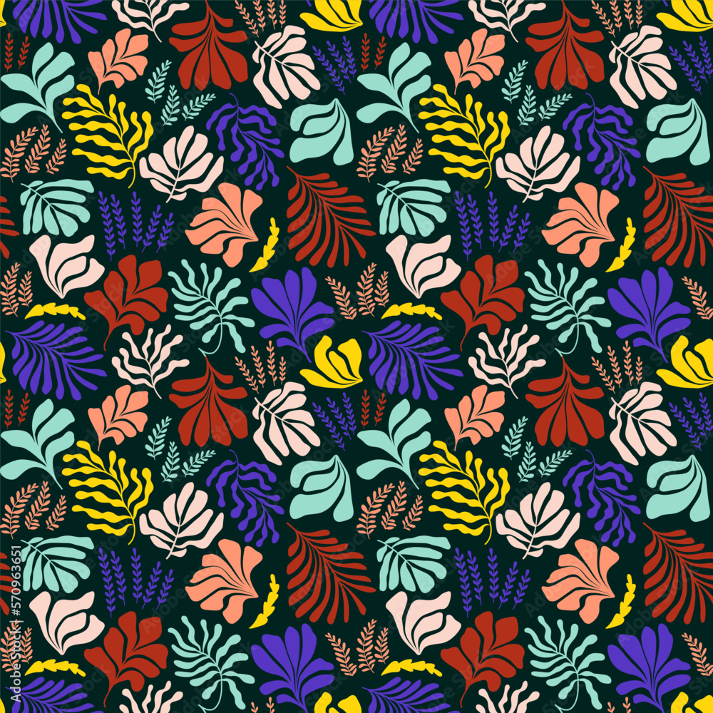Abstract background with leaves and flowers, Matisse style. Vector seamless pattern with Scandinavian cut out elements. Abstract background with leaves and flowers, Matisse style. Vector seamless pattern with Scandinavian cut out elements.
