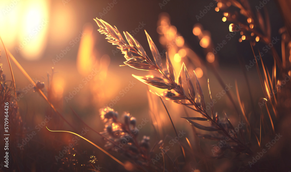 Golden sunlight illuminates the wild forest grass in this stunning macro shot