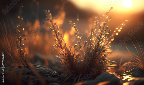 Golden sunlight illuminates the wild forest grass in this stunning macro shot