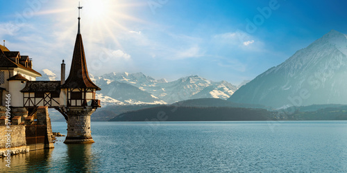 Quadro su tela Panoramic Oberhofen Castle  Schloss Oberhofen  Lake Thun  Interlaken  Thun  Swit