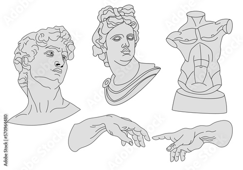 Various Antique Statues. Classic statues in modern style. Vaporwave stickers with greek sculpture, Tors, Hands and David in trendy minimalism style. Sticker pack. 